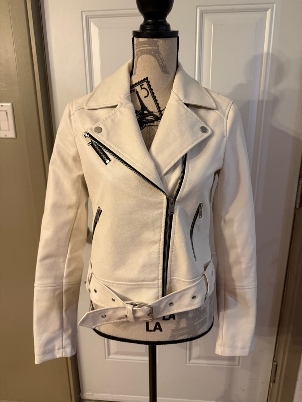 Dynamite Cream Faux Leather Moto Jacket with Belt